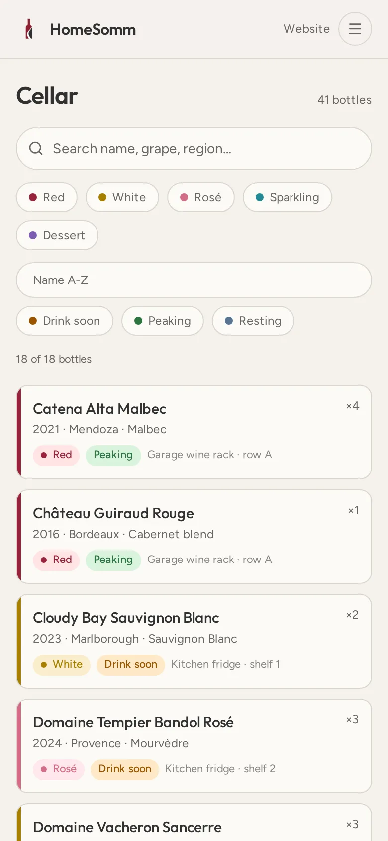 HomeSomm cellar screen listing home wine bottles with colour coded type and drinking window badges