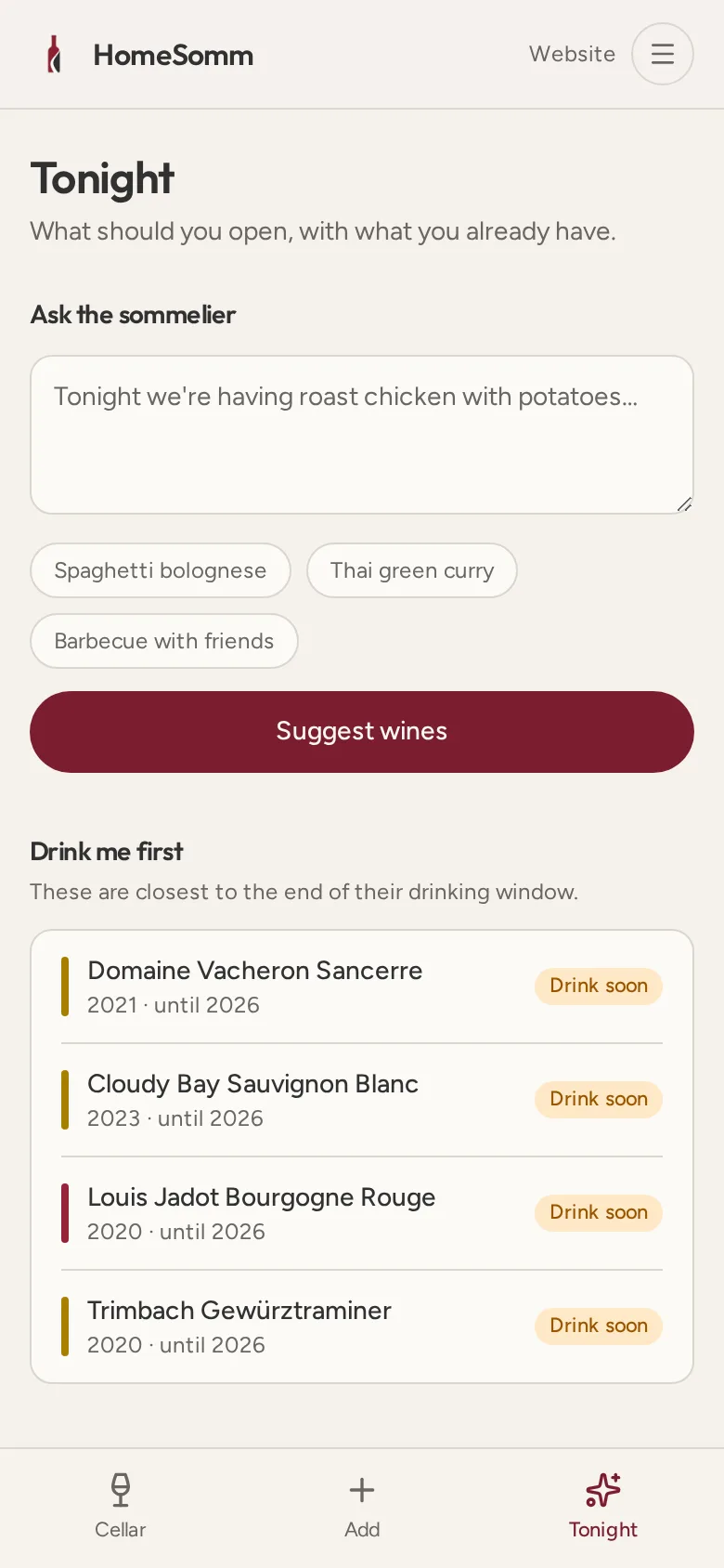 HomeSomm tonight screen showing AI sommelier picks chosen from the bottles in your own cellar